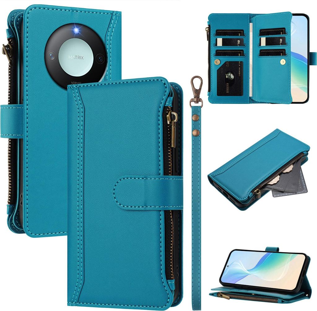 Handyhülle für Honor X9C Smart Reißverschluss Geldbörse Kunstleder Klapphülle mit Kartensteckplatz, Ständer, Handschlaufe Blau