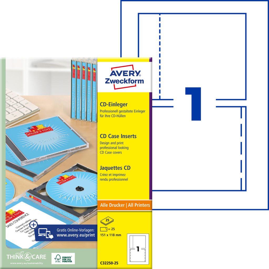 Avery C32250-25, Biela, CD, A4, Fólie, Laserový, 170 g/m² Obrázok produktu 