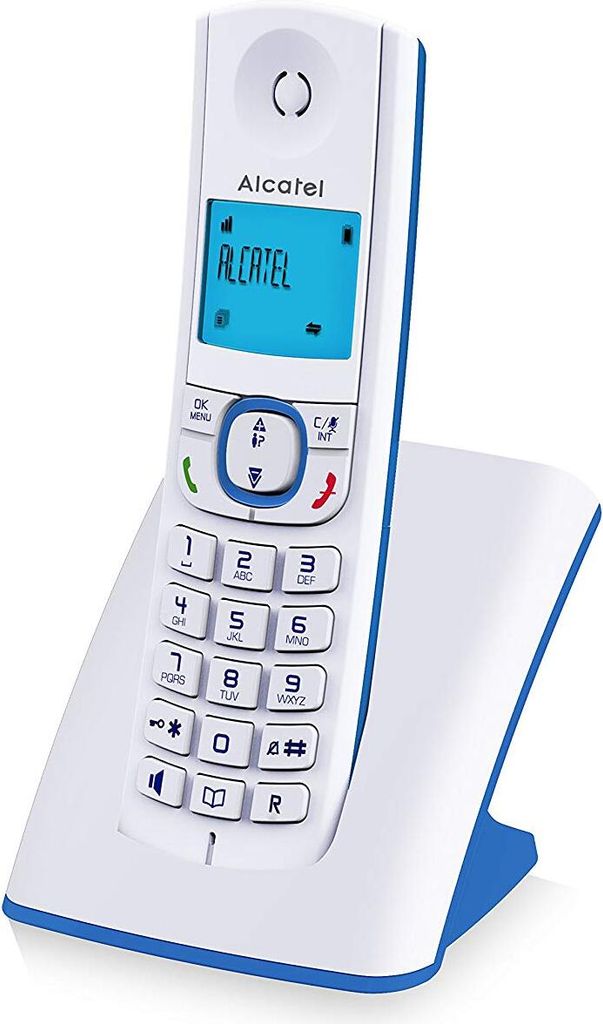 A white and blue Alcatel cordless phone is shown on its charging base.