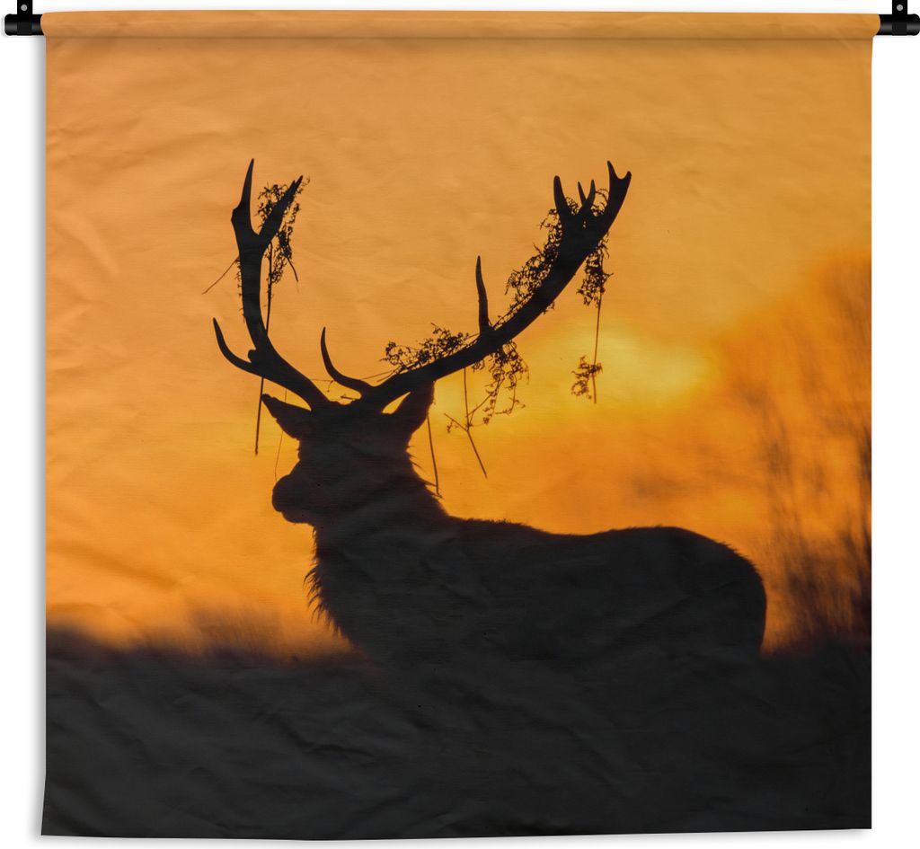 MuchoWow Wandteppich Wandbehang Hirsch - Orange - Scherenschnitt - Tiere - Natur 120x120 cm Tapisserie Dekoration Wandtuch - Modern - Baumwollgewebe