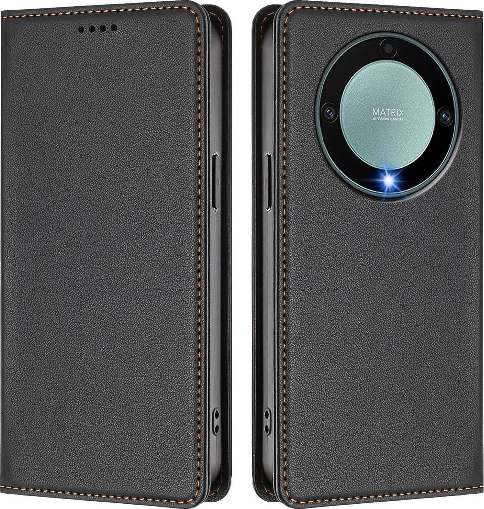Handyhülle für Honor X9A/Magic5 Lite, Kunstleder Klapphülle Stoßfeste Magnetische Hülle mit Ständer Schwarz