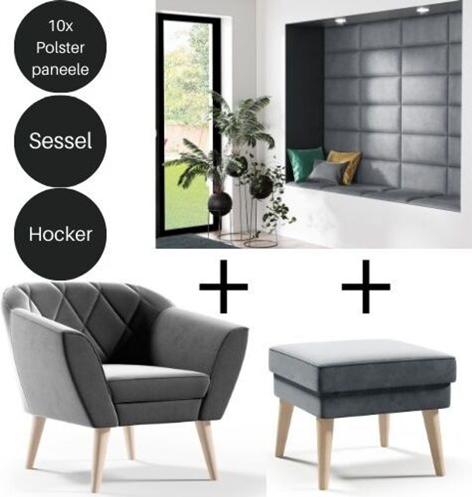 Sofello Wohnzimmerset 10 Stk. Polsterpaneele 30x40cm + Sessel + Hocker Grau Samt
