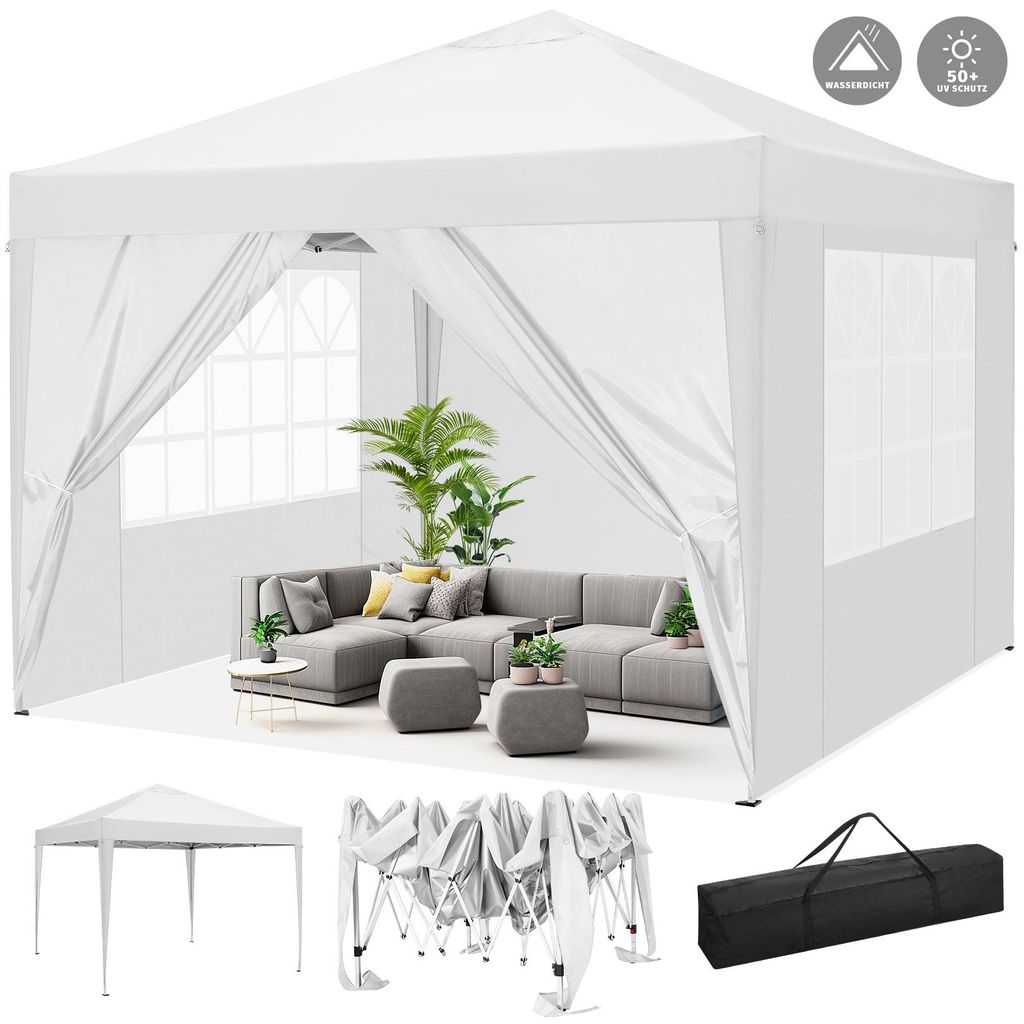 Faltpavillon 3 x 3m Pop Up Pavillon Faltbar Wasserdicht Gartenzelt, UV-Schutz 50+ Festzelt mit 4 Seiten für für Camping / Garten / Hochzeit / Strand