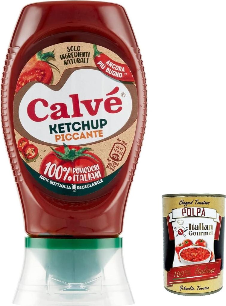 6x Calvé Ketchup Piccante Top Down da 250 ml Würziger Ketchup + Italian Gourmet polpa 400g