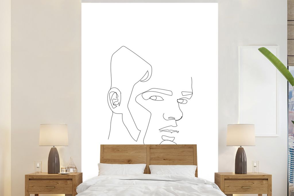 MuchoWow Fototapete für Wohnzimmer oder Schlafzimmer Wandtapete Vinyl Motivtapete Mann - Gesicht - Strichzeichnung - 160x240 cm - Vinyltapete