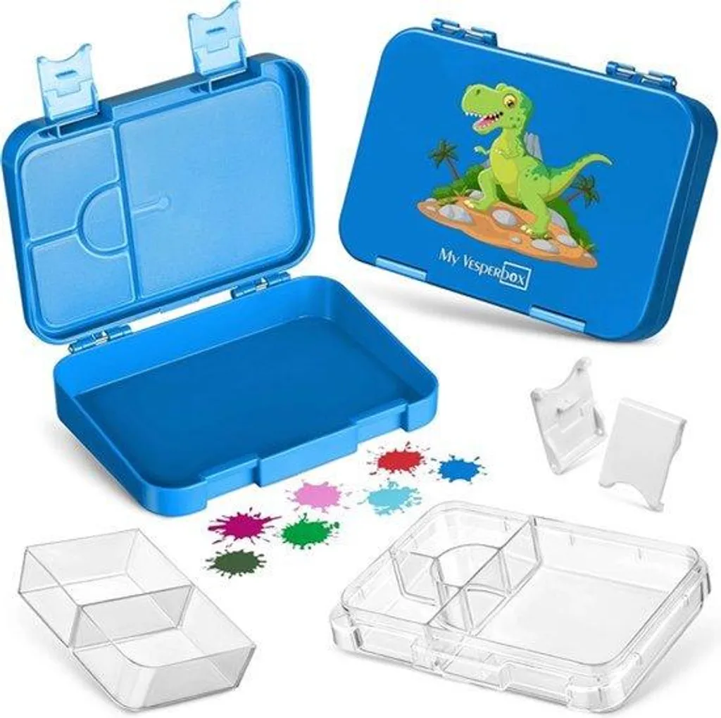 Boîte à goûter T-Rex pour l'école - 6 compartiments, couleur bleue durable