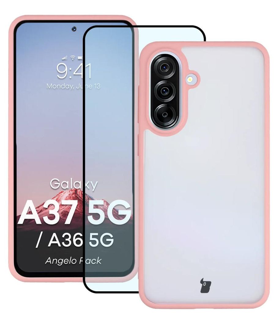 Schutzhülle + gehärtetem Glas Bizon Angelo Pack für Galaxy A37 5G / A36 5G, Getönte mit hellrosem Rahmen