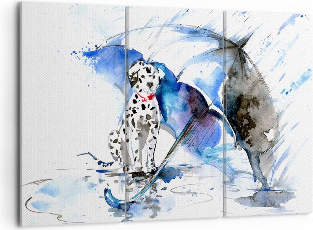 Bild auf Leinwand - Leinwandbild - Hund Regenschirm Regen Wetter - 105x70cm - Wand Bild - Wanddeko - Leinwanddruck - Bilder - Kunstdruck - Wanddeko...
