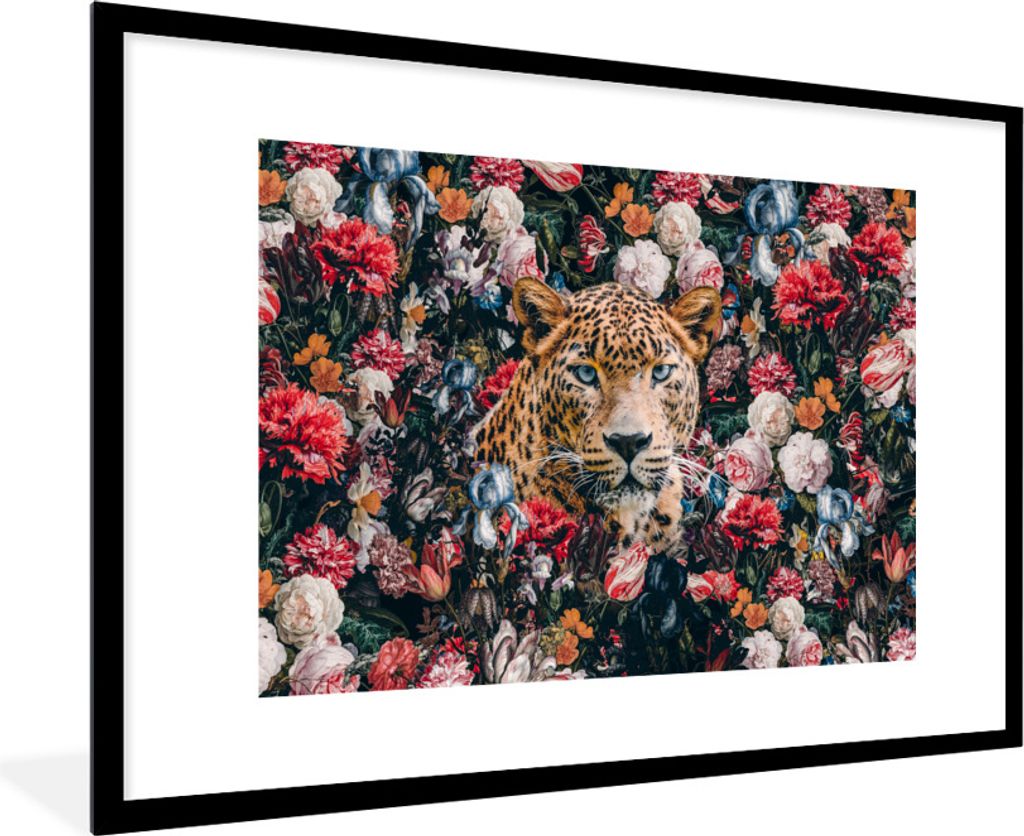 MuchoWow Gerahmtes Poster Leopard - Blumen - Tiere 90x60 cm - Poster mit Schwarzem Bilderrahmen Wandposter Rahmen Foto Bilder - Wanddekoration - ...