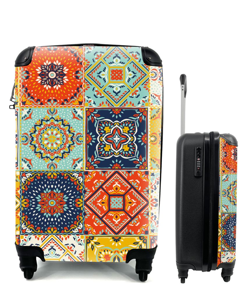 MuchoWow Koffer Handgepäck Trolley Rollkoffer Kleine Reisekoffer mit 4 Rollen - Vintage - Blumen - Muster - Weiß - Orange - Cabin Size < 55x40x...