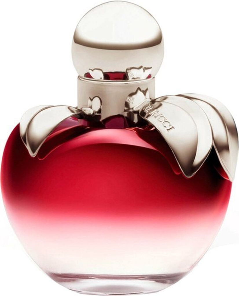 A close-up studio shot of a red apple-shaped perfume bottle with silver accents.
