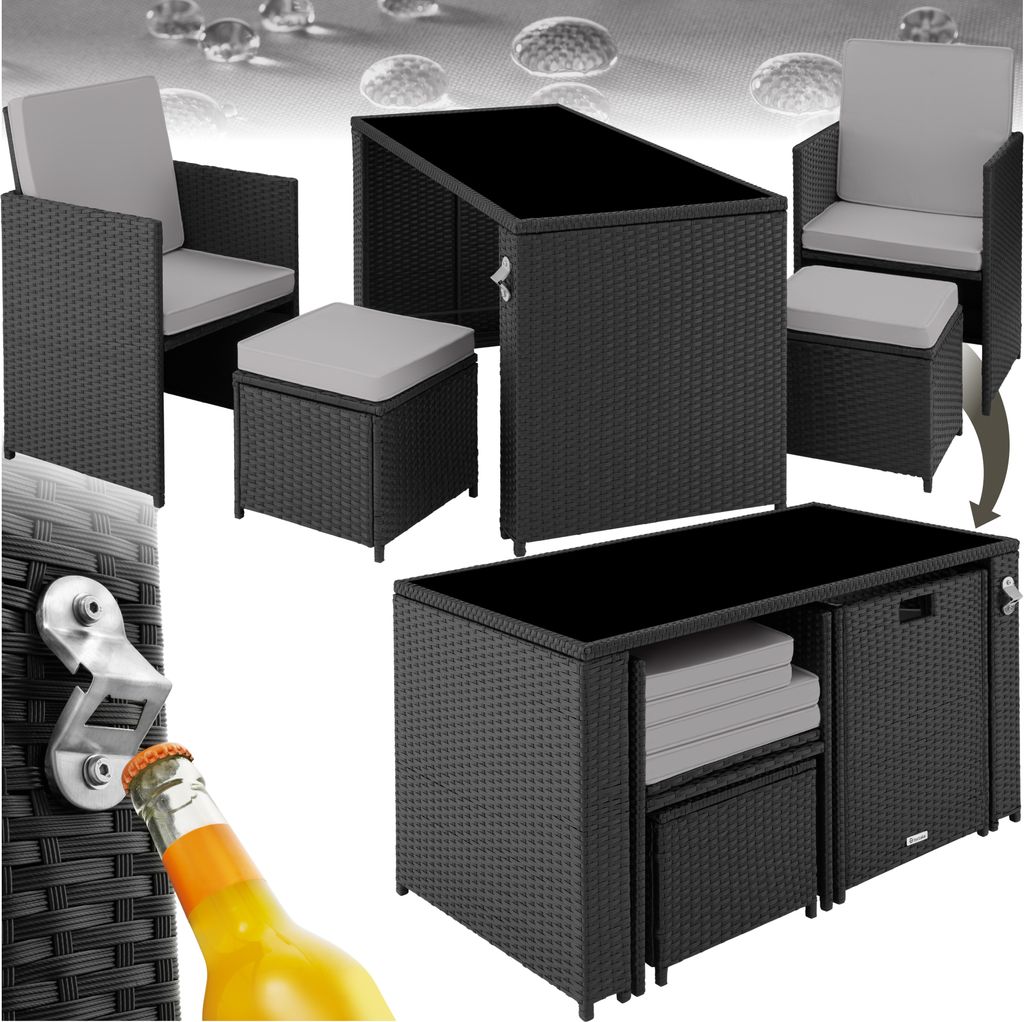 A collage of images showing a rattan furniture set, including chairs, ottomans, and a table, with a bottle opener and bottle in the foreground.