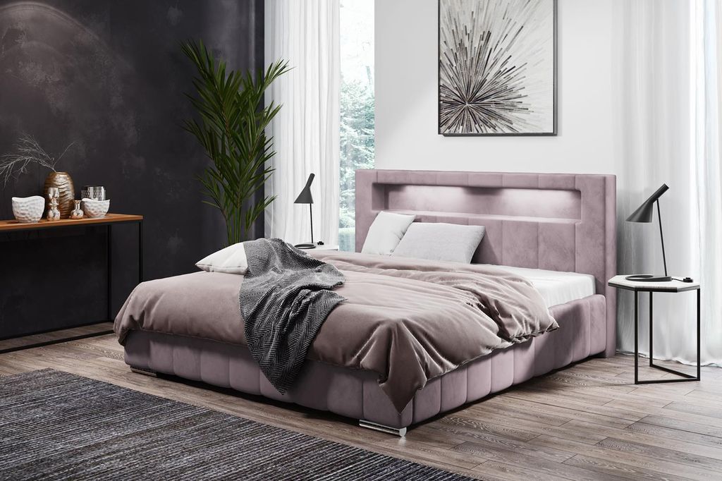 Polsterbett Sechs mit Bettkasten, Bett mit Metallrahmen, LED-Beleuchtung, Chrombeine (Stoff: kronos 27 - puderrosa, Große: 140x200 cm)