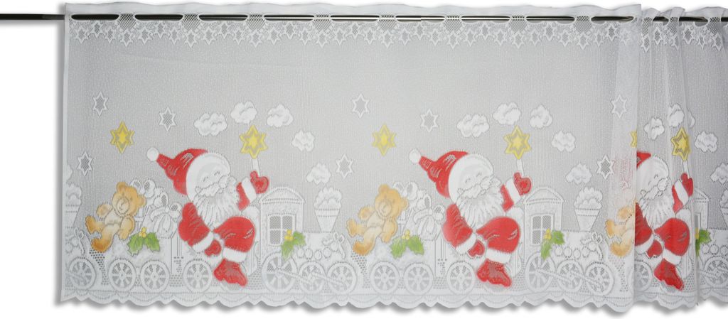Scheibengardine Weihnachtsmann Zug HxB 50x140cm Stern Winter Advent rot
