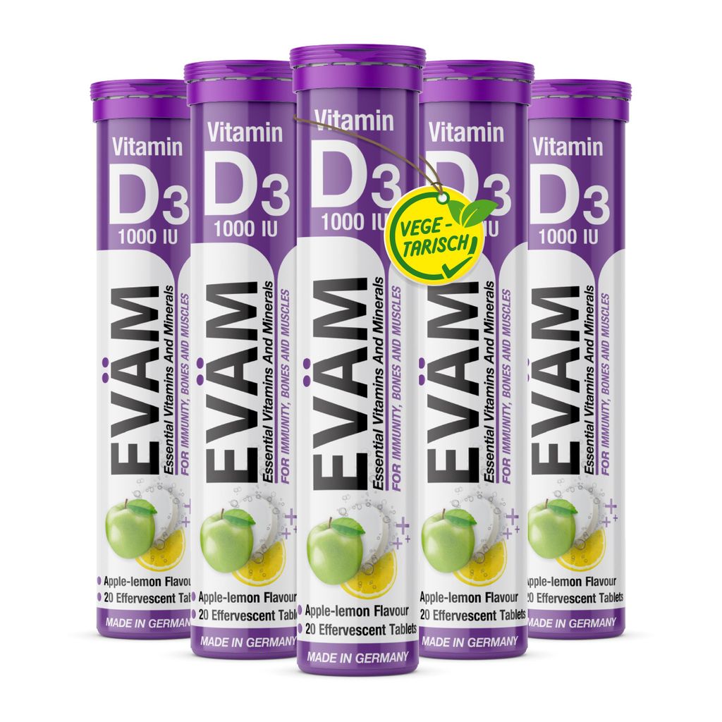 EVÄM Vitamin D3 Brausetabletten, 5er Pack, hochdosiert, Apfel-Zitrone, Immunsystem, Knochen & Muskeln, vegetarisch, hergestellt in Deutschland