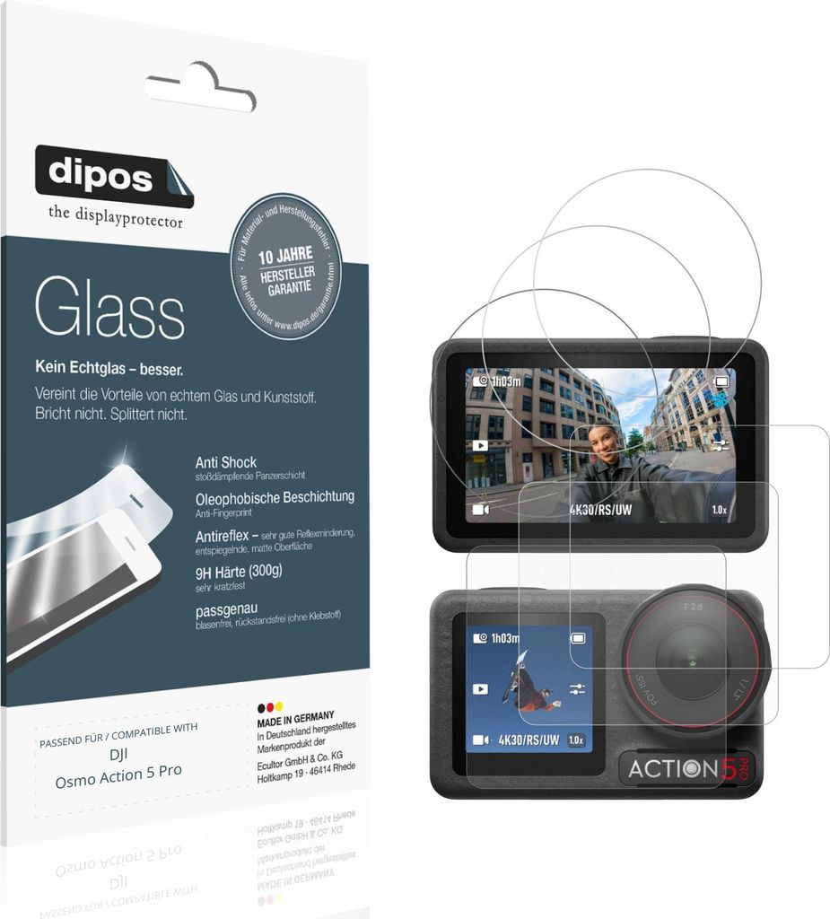 2x Schutzfolie für DJI Osmo Action 5 Pro matt - Anti-Shock 9H Folie dipos Glass Kunststoffglas