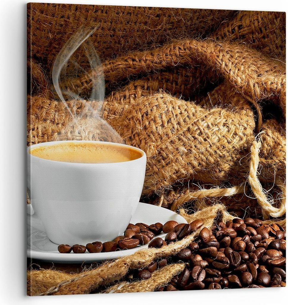 Bild auf Leinwand - Leinwandbild - Cappuccino Tasse Körner Beutel - 60x60cm - Wand Bild - Wanddeko - Leinwanddruck - Bilder - Kunstdruck - Wanddek...