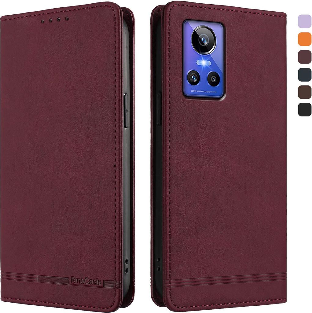Hülle für Realme GT Neo 3, Retro Kunstleder Ständer Klapphülle mit Kartenfächer und Magnetische Rot