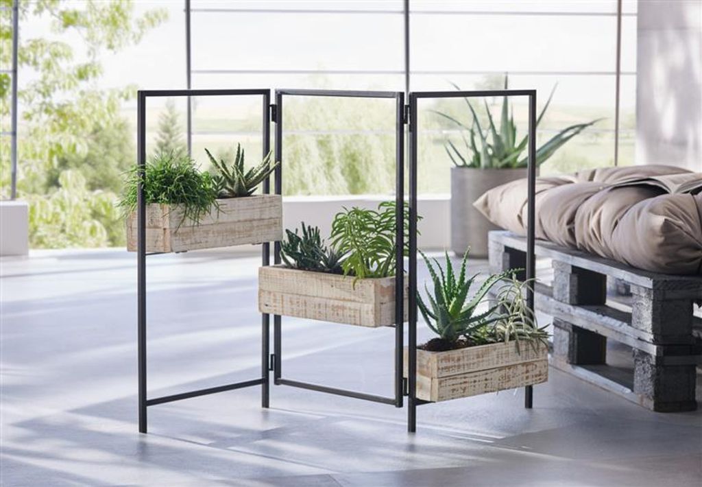 Pflanz-Paravent "Industrial" aus Metall mit 3 Pflanzkästen aus Holz, Raumteiler mit Blumenkasten, weiß, Pflanzgefäß