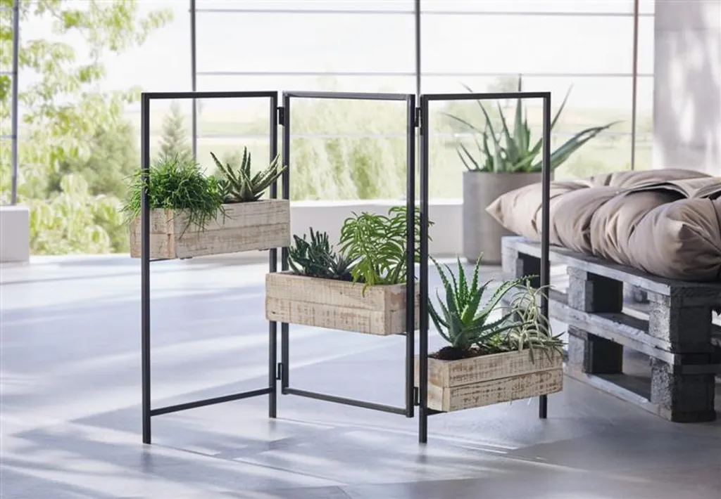 Jardinière verticale avec paravent métal blanc et 3 bacs en bois