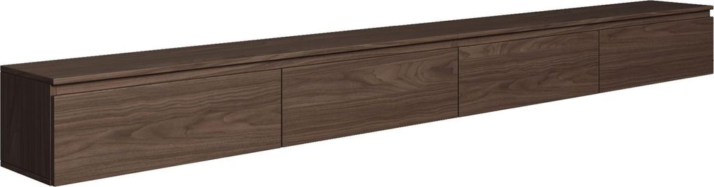 A long, dark brown wooden TV board with four doors, shown from a slightly elevated side angle against a white background.