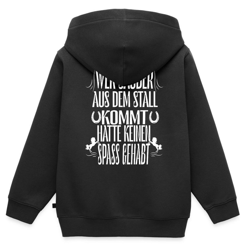 Spreadshirt Wer Sauber Aus Dem Stall Kommt Hatte Keinen Spaß Kinder/Teenager Premium Bio Zip Hoodie, 146/152 (10 Jahre), Schwarz
