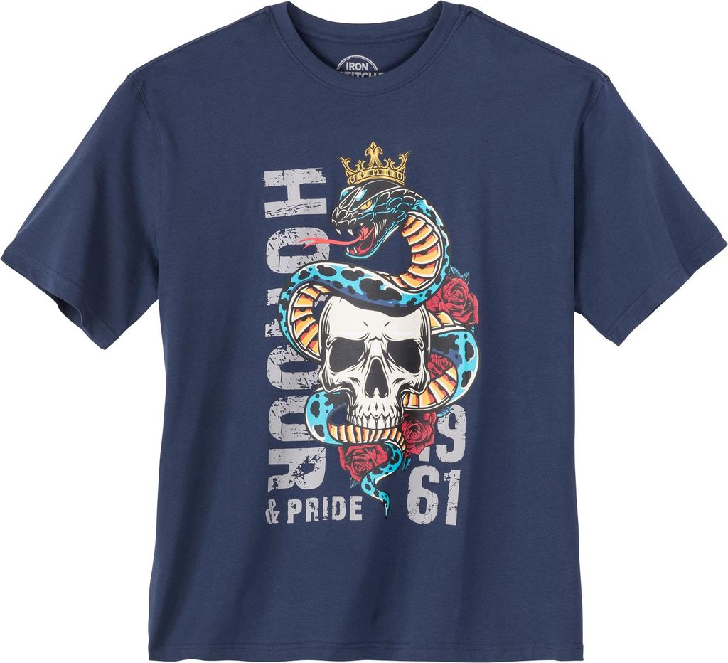Iron Stitch Übergrößen T-Shirt denimblau Totenkopf