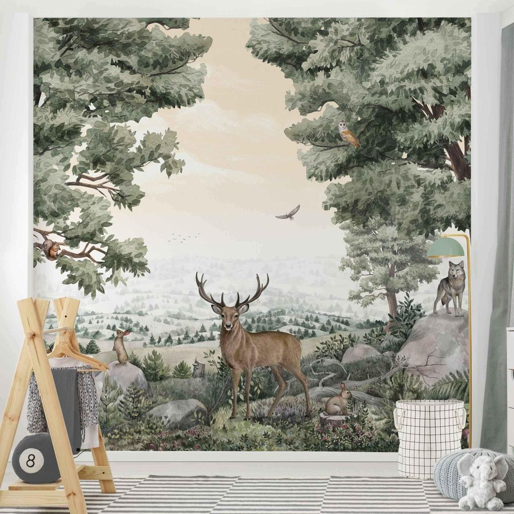 Fototapete Wald - Vliestapete - Bildtapete UV-beständig Wald grün Aquarell Wandtapete geruchsfrei