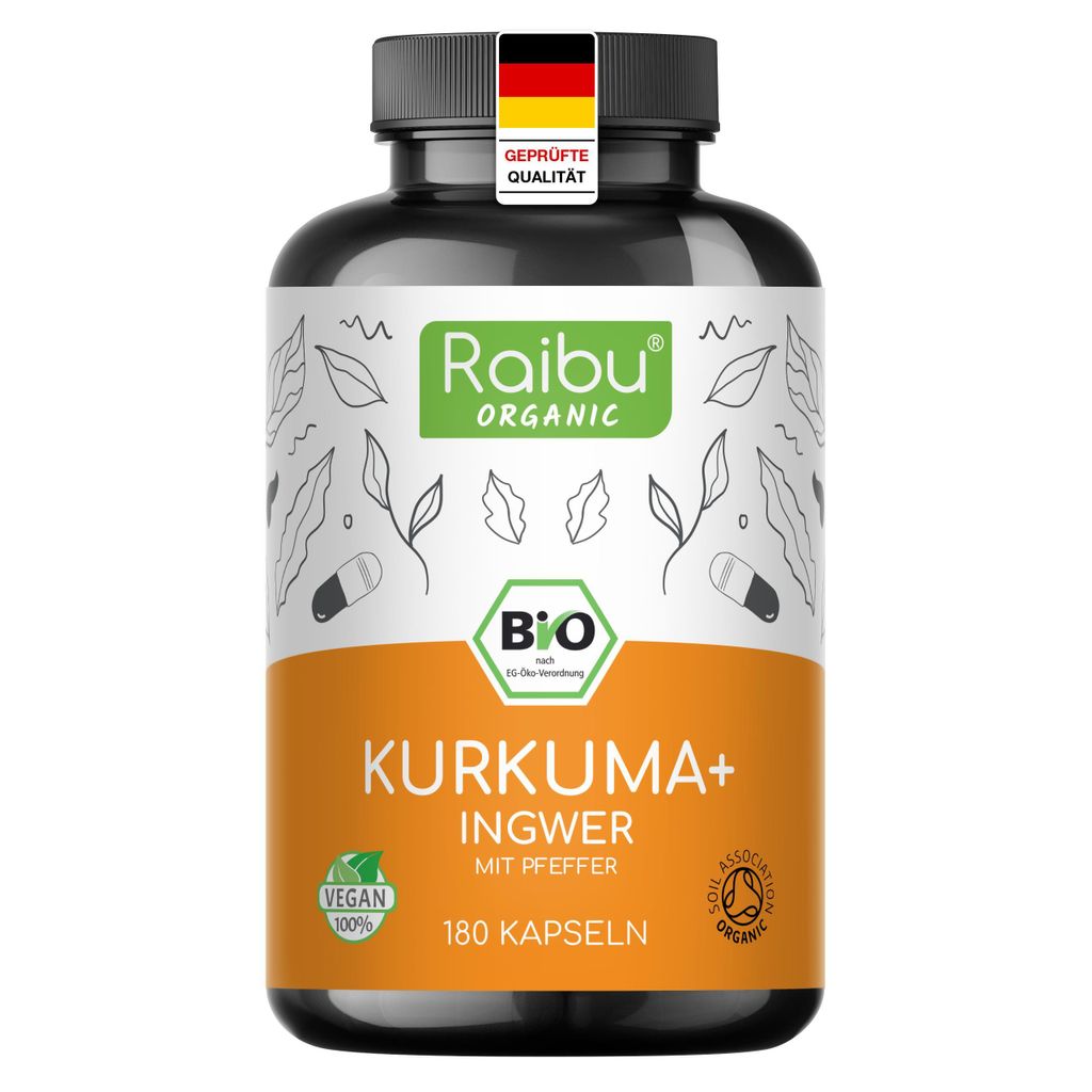 Kurkuma mit Ingwer, Schwarzem Pfeffer Kapseln, 180 Hochdosierte RAIBU