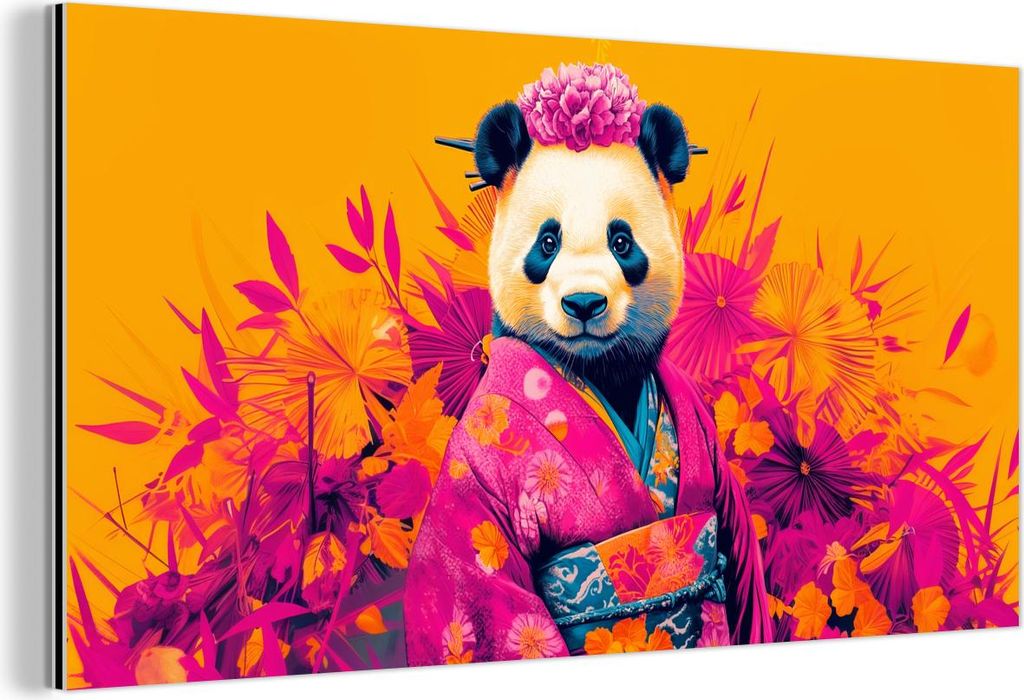 MuchoWow Wanddekoration Metall Metallbild Wandkunst 120x60 cm Kimono - Rosa - Panda - Blumenkrone MuchoWow Aluminium Gemälde - Metalbilder