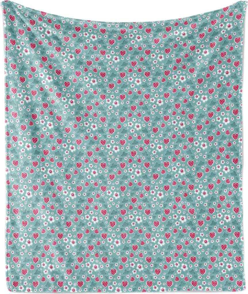 ABAKUHAUS Coperta in morbido pile di flanella color fragola, stampa a motivi continui con fiori e foglie color magenta, 175 x 230 cm, verde acqua chiaro e rosa scuro