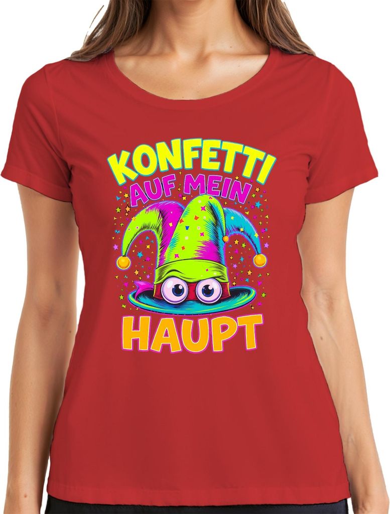 Konfetti auf mein Haupt Karneval Fasching Narrenkappe bunt lustig Damen T-Shirt, Rot, M