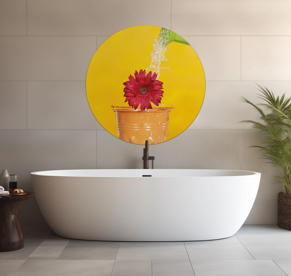 Wallario wasserfestes Poster selbstklebend 90 x 90 cm, Rote Blüte im Blumentopf - frisch begossen, Badezimmerposter Spritzschutz mit Hochglanzober...