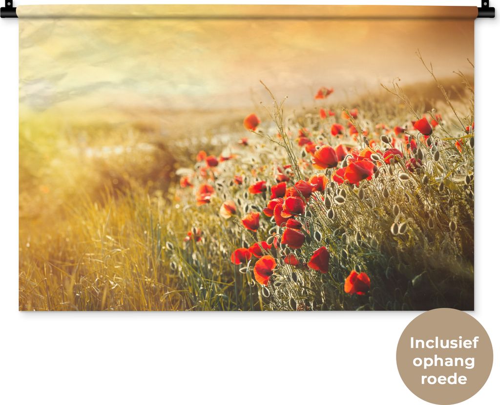 MuchoWow Wandteppich Wandbehang Sonnenstrahlen über einem Mohnblumenstrauß 90x60 cm Tapisserie Dekoration Wandtuch - Wandskulpturen - Bildteppich