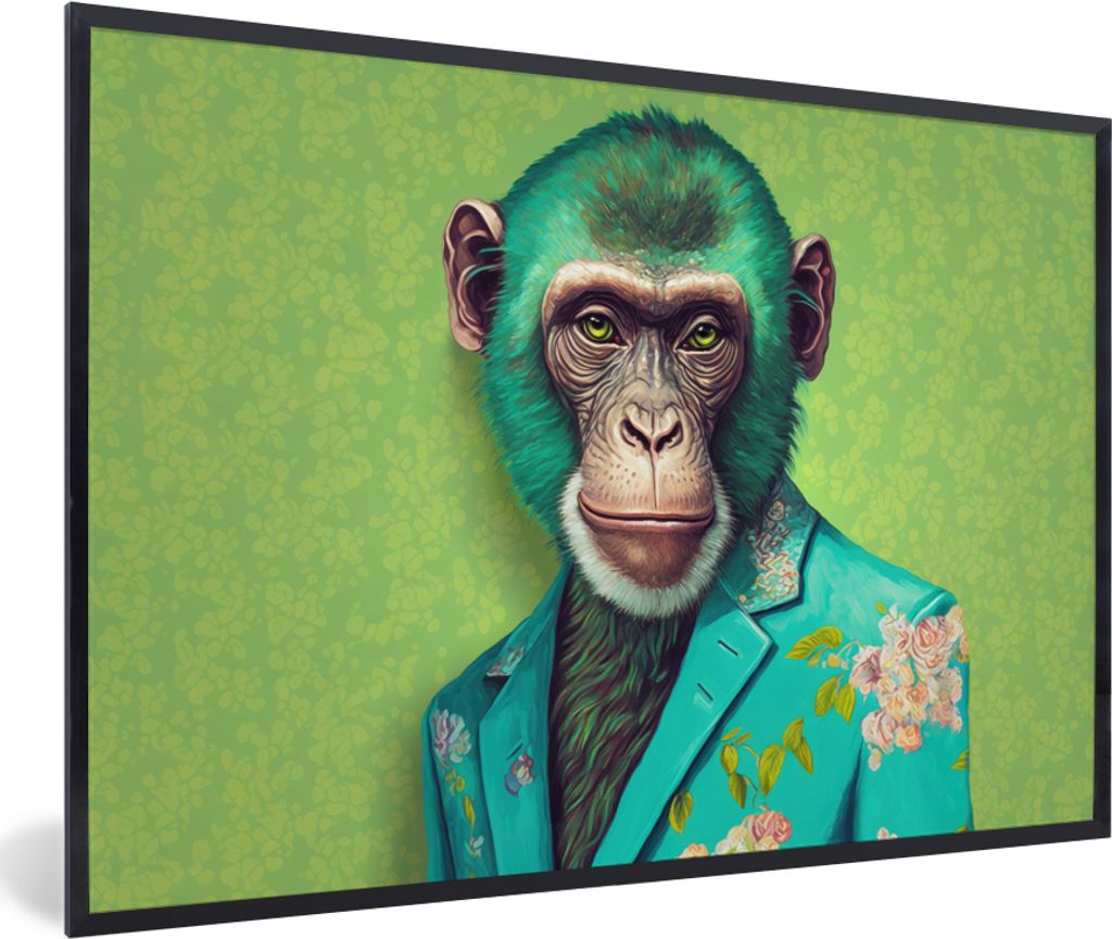 MuchoWow Gerahmtes Poster Affe - Colbert - Blumen - Neon - Porträt 90x60 cm - Poster mit Schwarzem Bilderrahmen Wandposter Rahmen Foto Bilder - ...