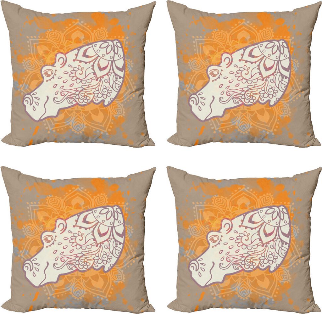 ABAKUHAUS Nilpferd Kissenbezug Set (4 Stück), Hippo Design Blumenmotive, Moderner Doppelseitiger Digitaldruck, 40 cm x 40 cm, Mehrfarbig