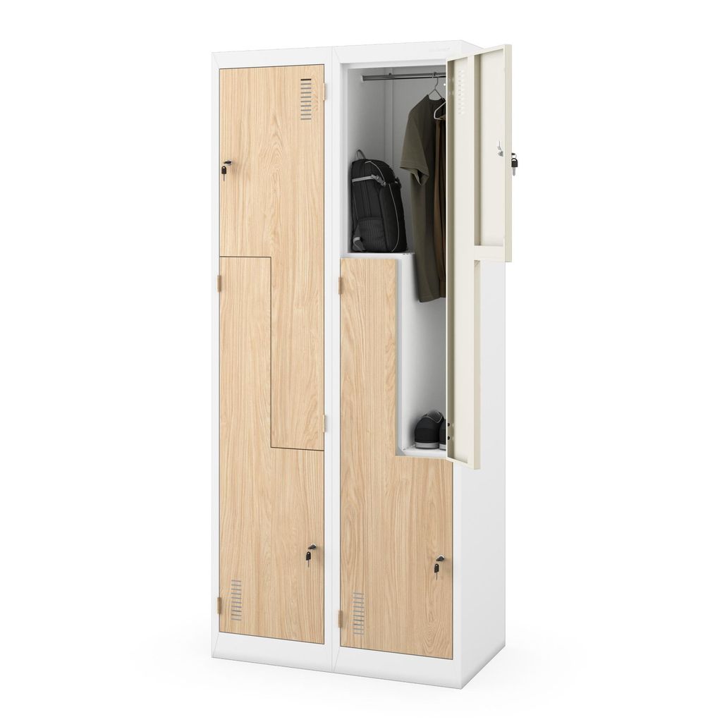 Armoire Vestiaire Métallique 33 Casiers - 185x90x45 Cm, Blanc/bois, à Clé, Pour Entreprises, Salles De Sport