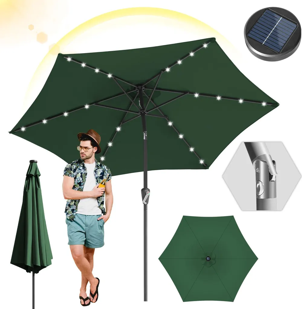 Ombrellone Izrielar 2,7 m con illuminazione a LED – Ombrellone da balcone per giardino e terrazza, verde