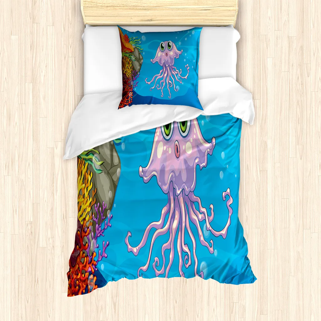 ABAKUHAUS Set copripiumino per letto singolo, motivo acquatico, antiacaro, adatto a chi soffre di allergie, con federa, 135 cm x 200 cm - 80 x 80 cm, blu azzurro multicolore
