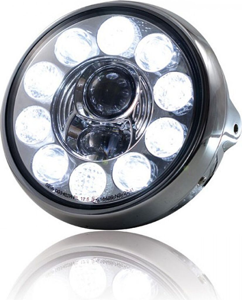 LED-Scheinwerfer 7","British Style", chrom, 10 LED s, Reflektor chrom, M8 seitlich, E-