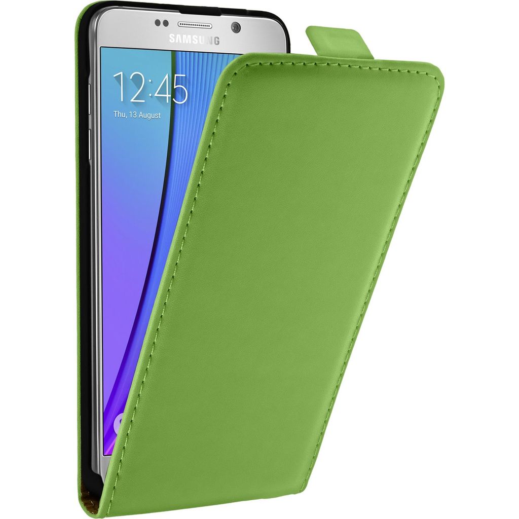 PhoneNatic Kunst-Lederhülle kompatibel mit Samsung Galaxy Note 5 - Flip-Case grün + 2 Schutzfolien