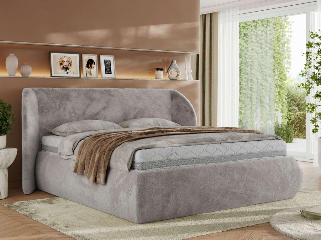 MKS MEBLE Polsterbett mit Bettkasten CAELA CLASSIC Bett mit Stauraum und Gasdruckfeder Doppelbett Foam Matratze MIRO LUX 140x200 Hellgrau Plüsch