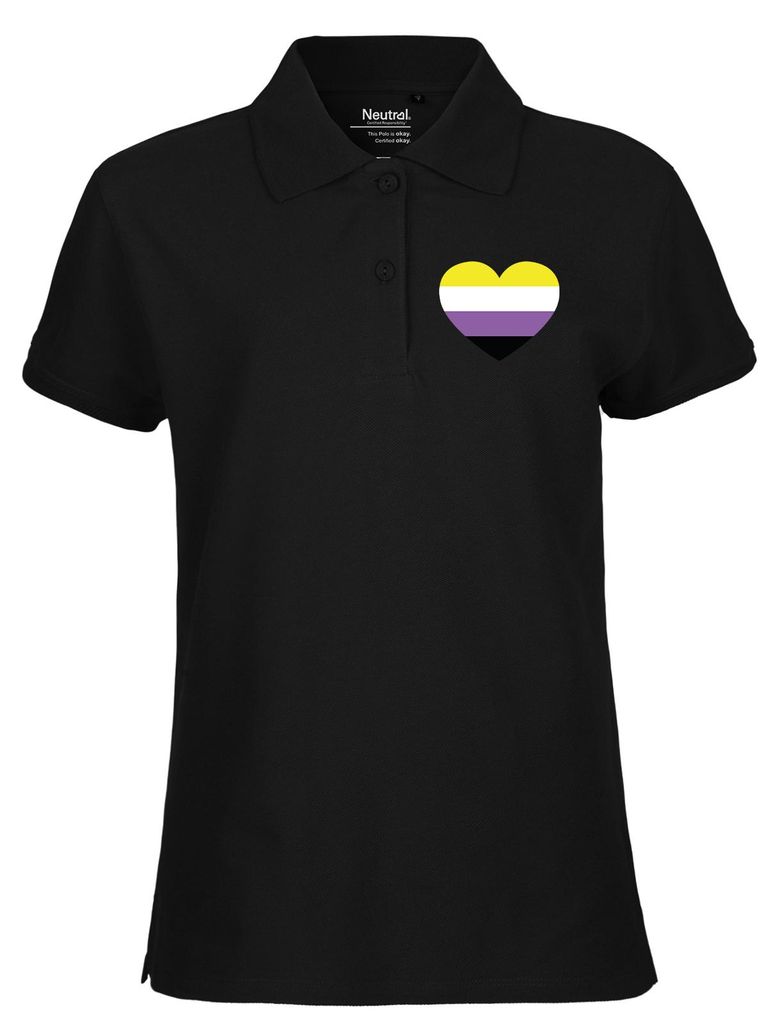 Huuraa Damen Polo Shirt Nonbinary Pride Flagge LGBTQ Herz XL Black Bio Baumwolle Fairtrade Poloshirt Geschenkidee