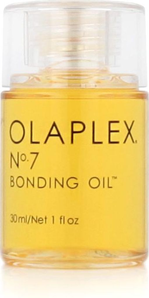 A close-up studio shot of an Olaplex No. 7 Bonding Oil bottle against a white background.