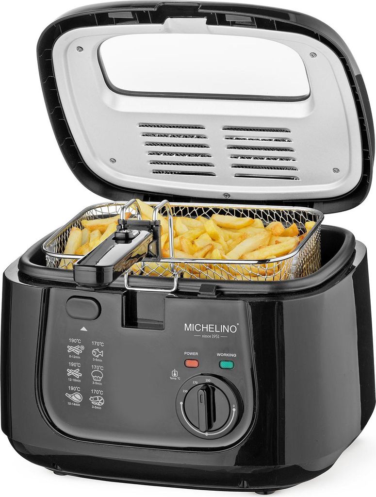 A black deep fryer with a basket full of french fries, shown with the lid open.