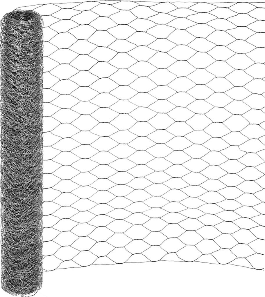 A roll of hexagonal wire mesh, also known as chicken wire, is shown against a white background. The mesh is made of galvanized metal and has a hexagonal pattern.