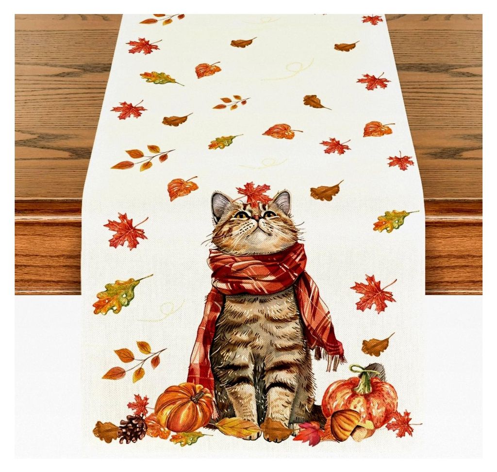 Katzen Kürbisse Ahornblätter Herbst Tischläufer, Saisonale Küchentischdekoration Innen Urlaub Party Dekor 40x100 cm