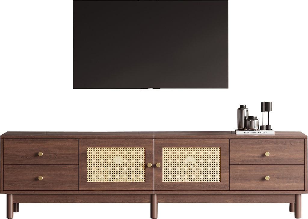 1,8 m langer TV-Schrank in dunkler Holzoptik mit zwei Rattantüren, vier Schubladen, Kabelmanagement und hydraulischen Scharnieren,