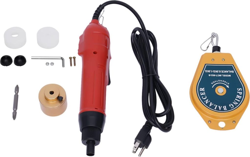 A collection of tools for electrical work, including a power screwdriver, bits, and a spring balancer.