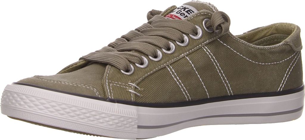 A single green canvas sneaker is shown against a white background.